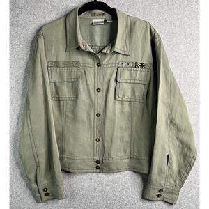 Chico’s Olive Green Silk Linen Utility Jacket Size 3 Lightweight